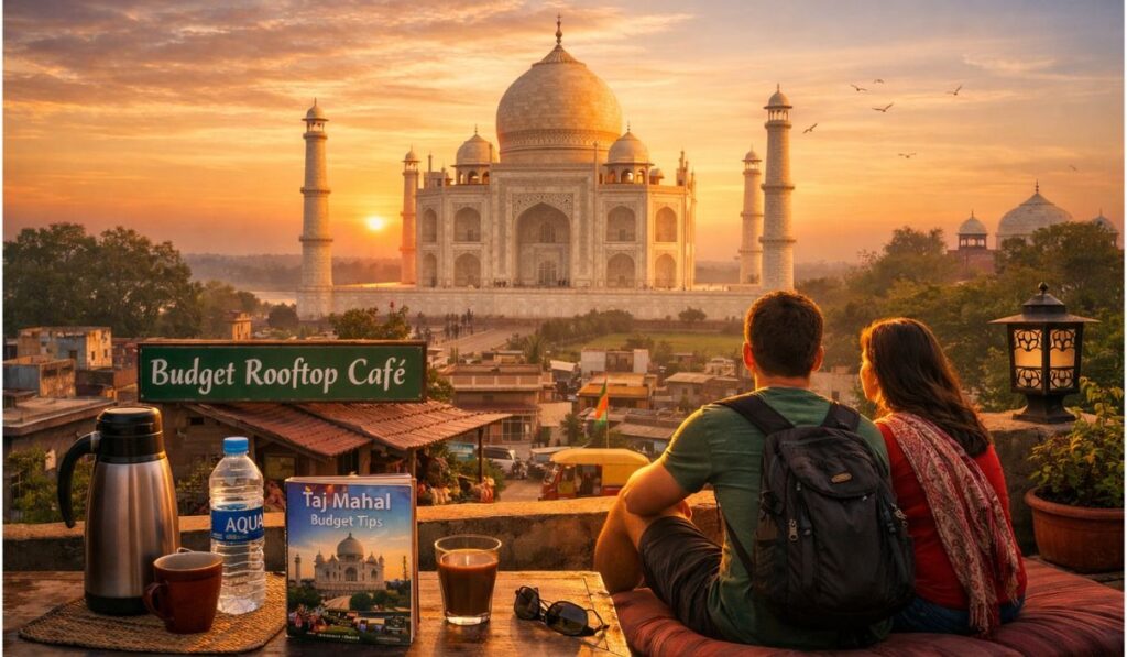 Taj Mahal Budget Tours – Rooftop Café Sunset View in Agra Taj Mahal Budget Tours showing budget travelers enjoying a rooftop café view of the Taj Mahal at sunset in Agra