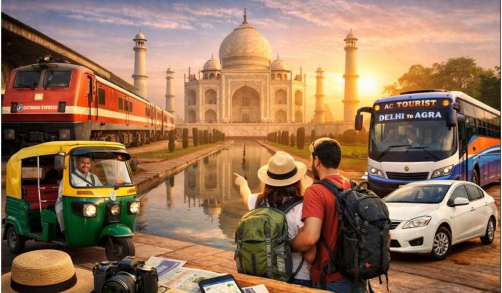 Taj Mahal Budget Tours – Affordable Travel Options to Agra Taj Mahal Budget Tours showing budget travelers using train, bus, taxi, and auto rickshaw to reach the Taj Mahal in Agra