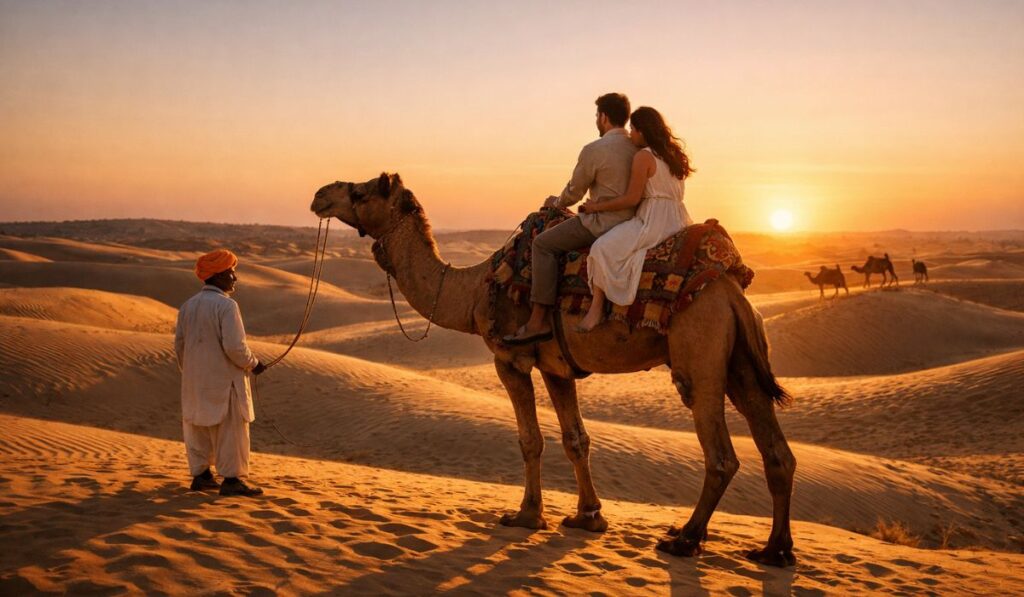 Jaisalmer desert safari experience in Rajasthan at sunset