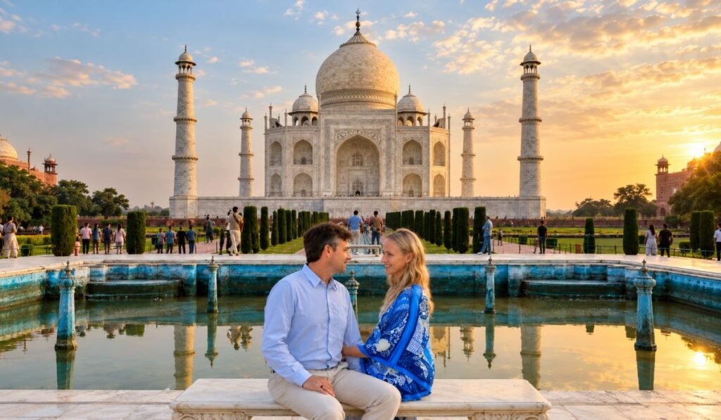 Couple posing beside the reflecting pool at the Taj Mahal during golden hour in Taj Mahal Photography Guide