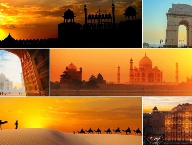 Luxury travel in India featuring Taj Mahal, India Gate, Red Fort sunset, Rajasthan desert camel safari, and Hawa Mahal Jaipur