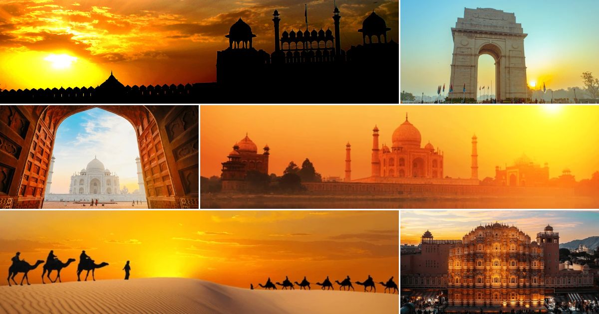Luxury travel in India featuring Taj Mahal, India Gate, Red Fort sunset, Rajasthan desert camel safari, and Hawa Mahal Jaipur