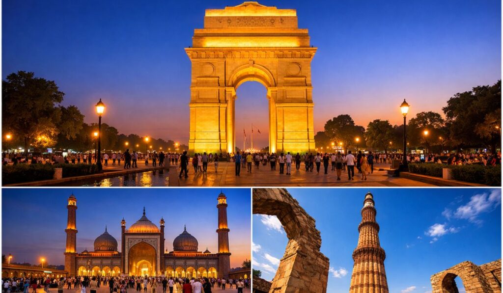 “Delhi sightseeing India Gate Jama Masjid Qutub Minar”
